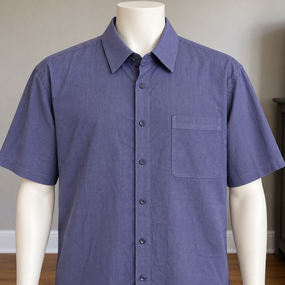 Vintage Silk Mens XL 100% Silk Short Sleeve Button Down Shirt Purple Blue